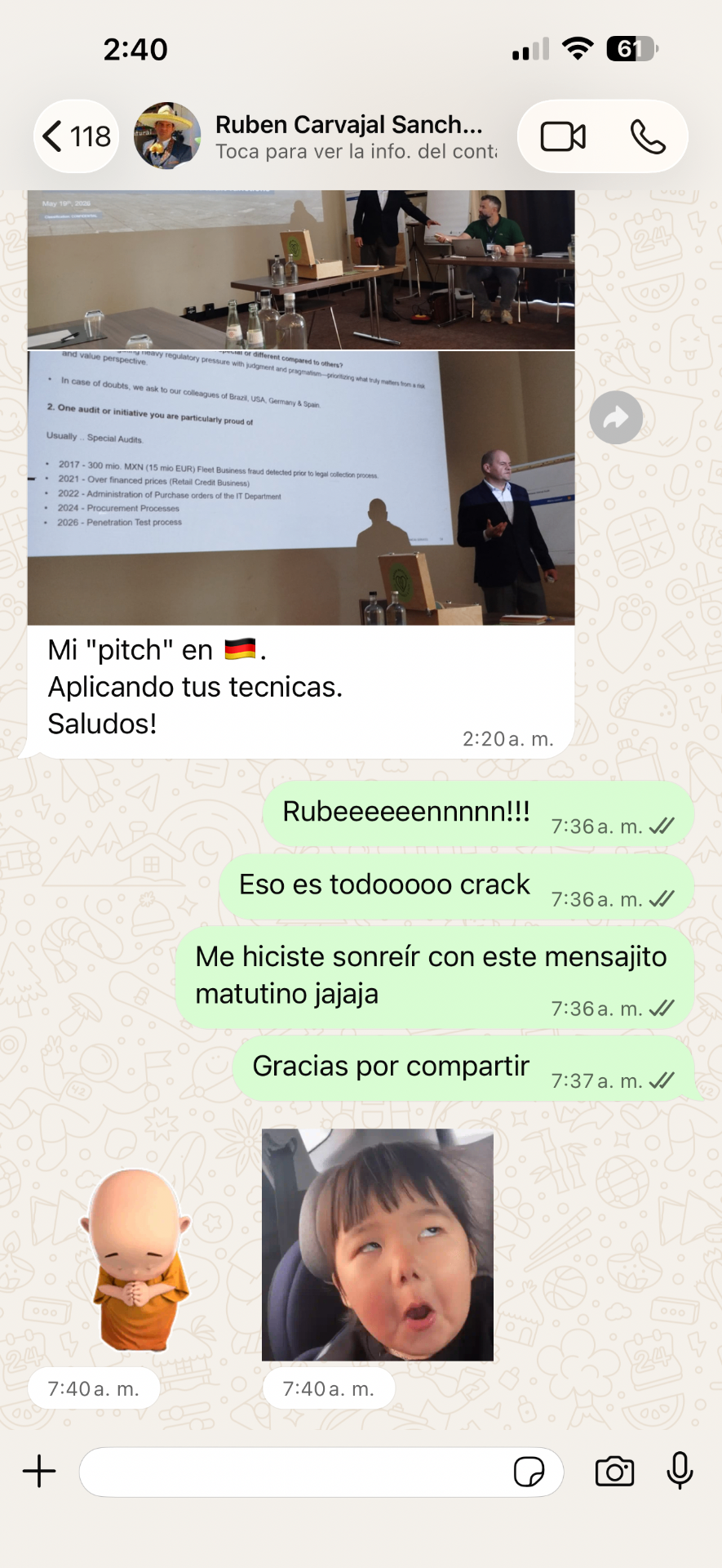 Mensaje de WhatsApp de Rubén: Mi pitch en Alemania, aplicando tus técnicas