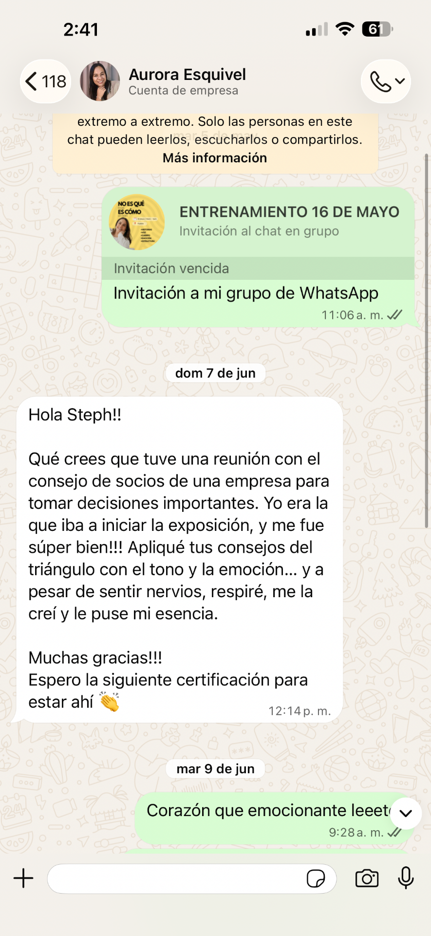 Mensaje de WhatsApp de Aurora Esquivel contando cómo aplicó las herramientas de Steph en una reunión con el consejo de socios