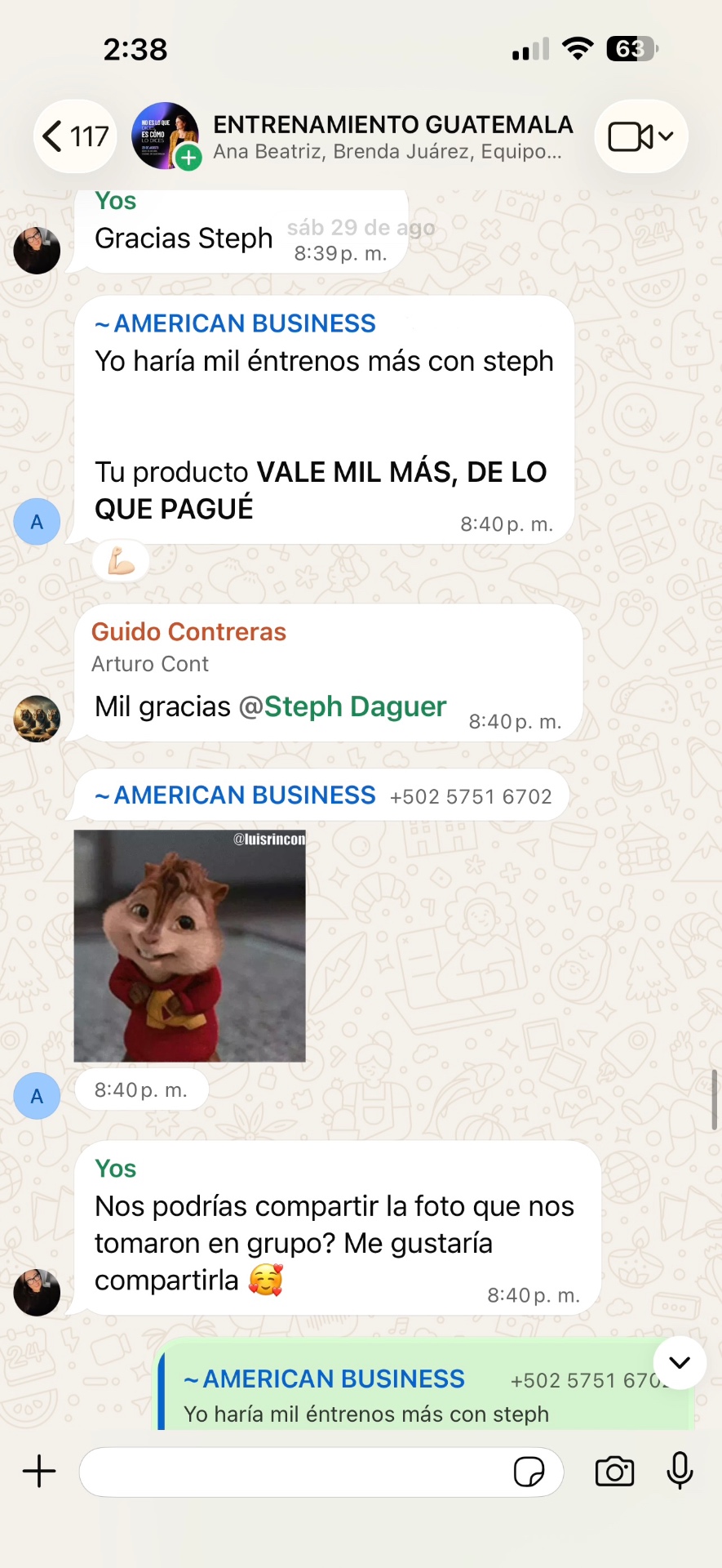 Mensaje de WhatsApp: Yo haría mil entrenos más con Steph. Tu producto vale mil más de lo que pagué